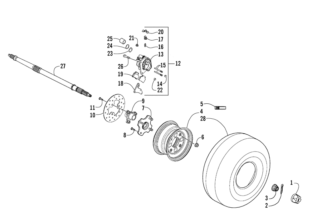 Rear wheels axle and brake assembly