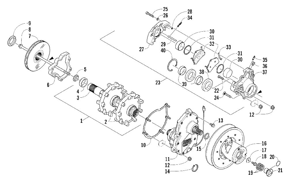 Drive train shafts and brake assemblies