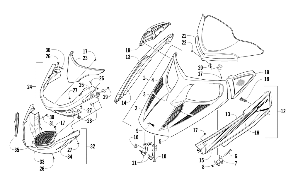 Hood windshield and front bumper assembly