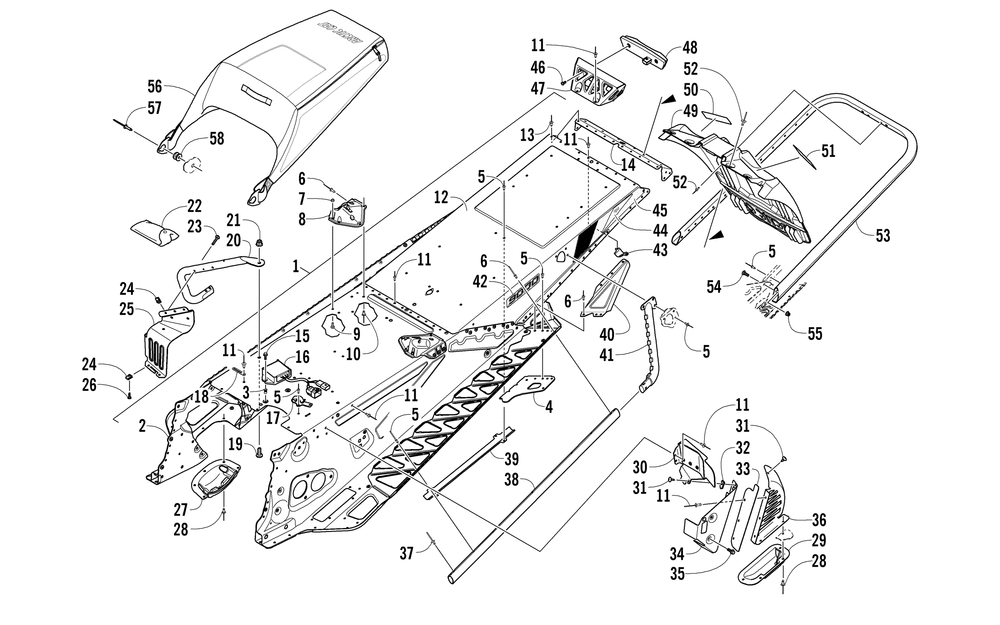 Tunnel rear bumper and snowflap assembly