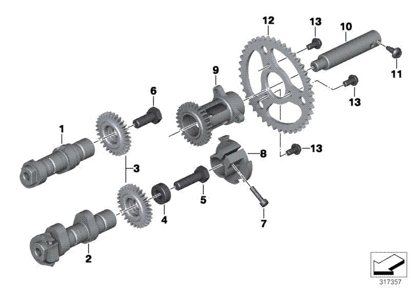 Camshaft, pulley, intermediate shaft