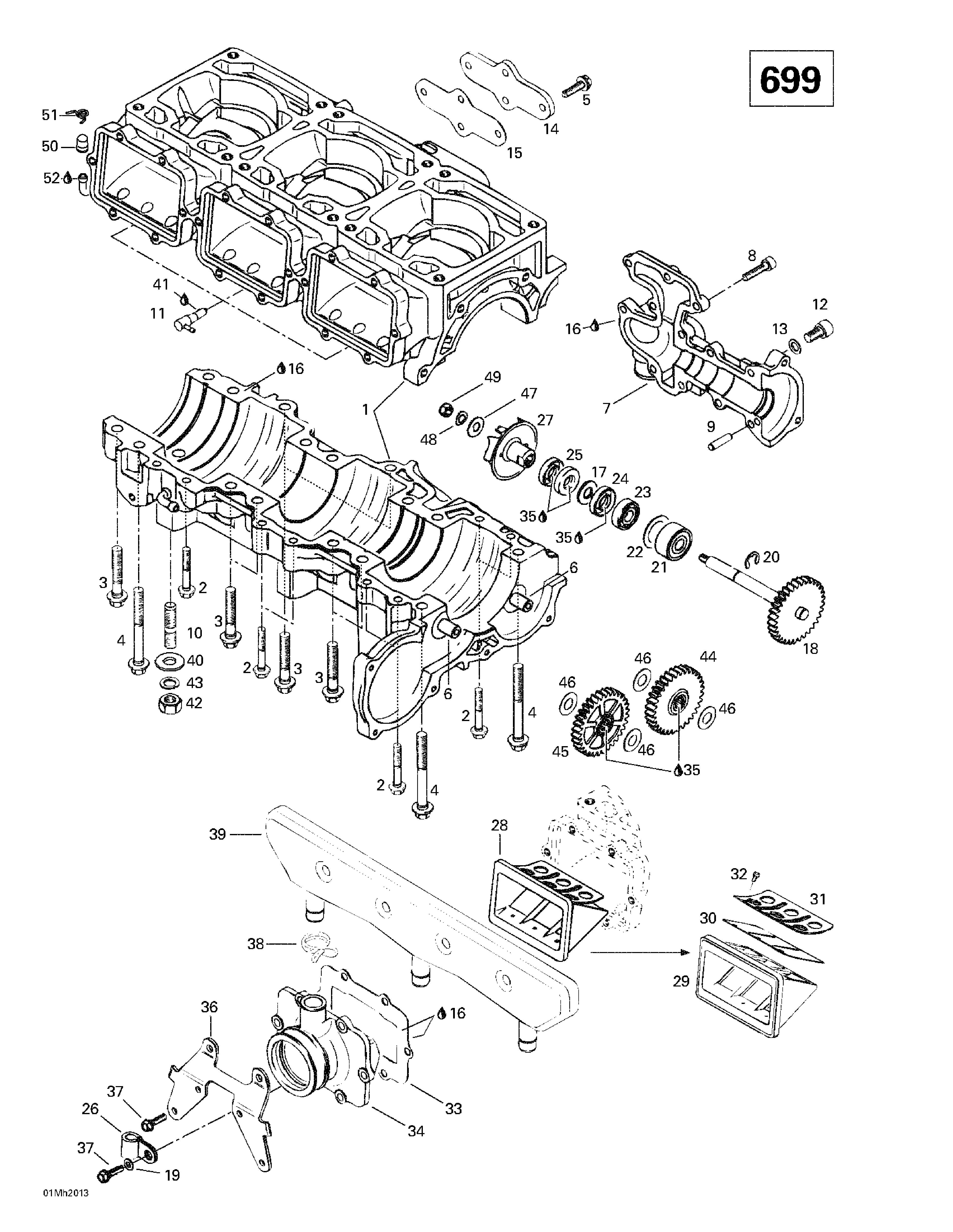 Crankcase, reed valve, water pump