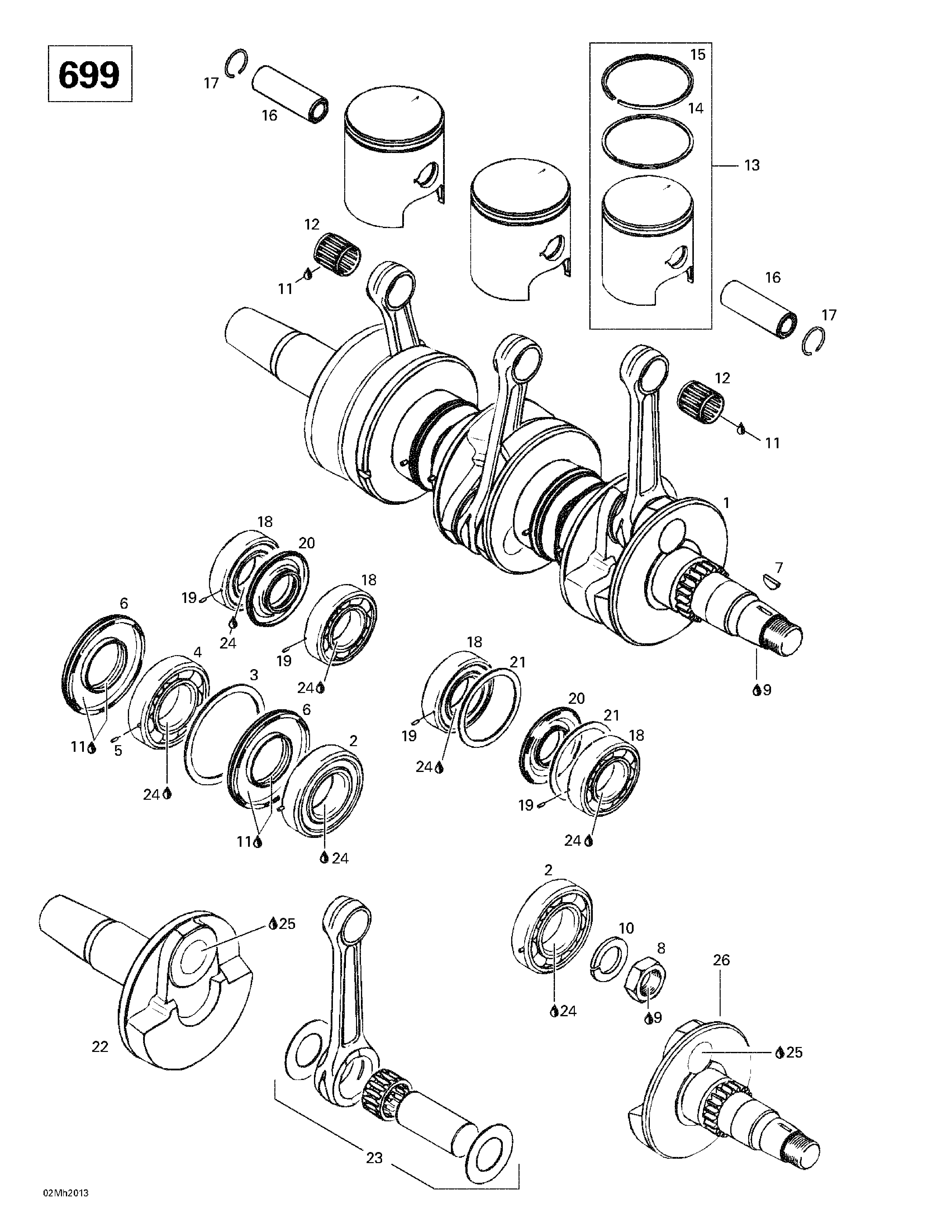 Crankshaft and pistons