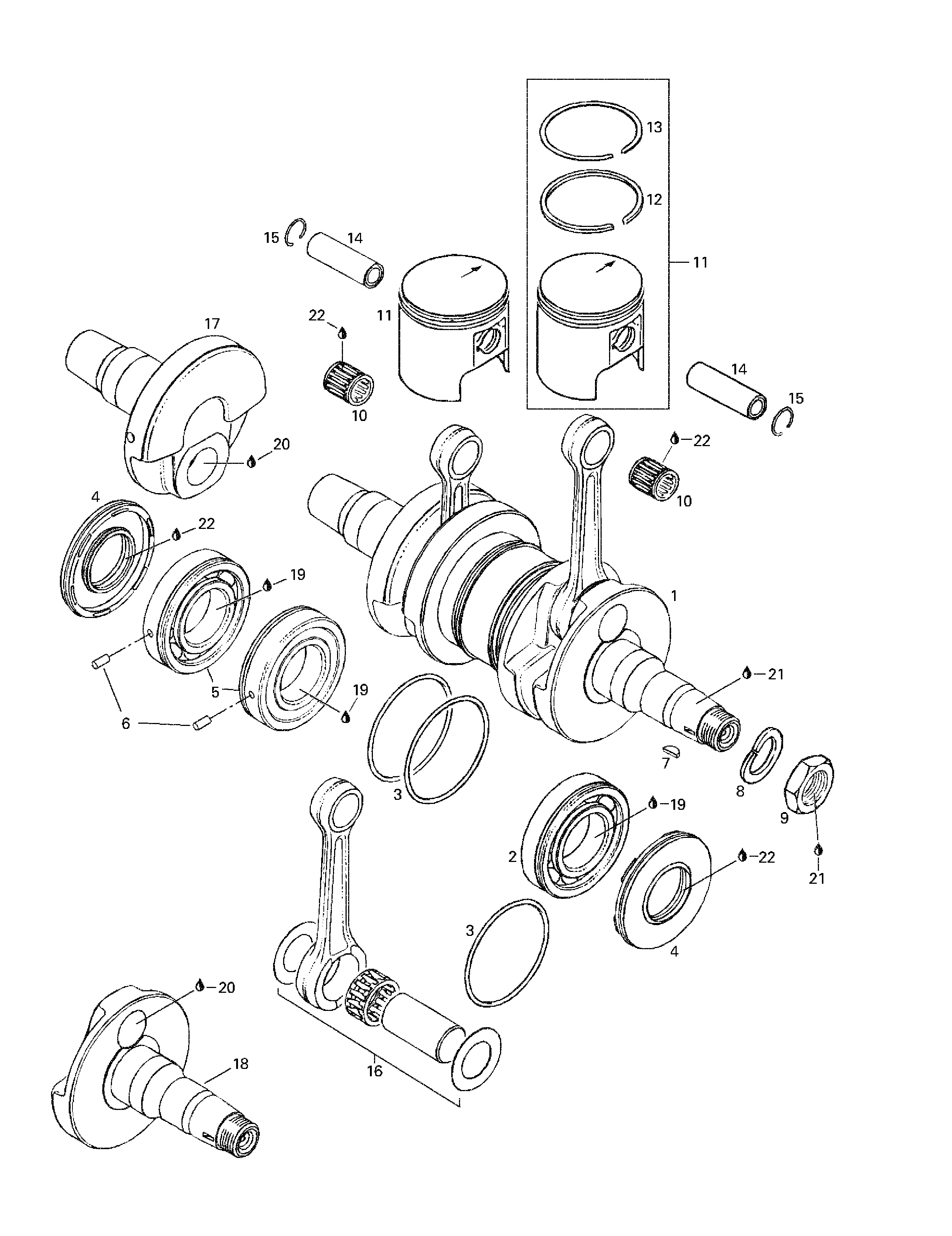 Crankshaft and pistons