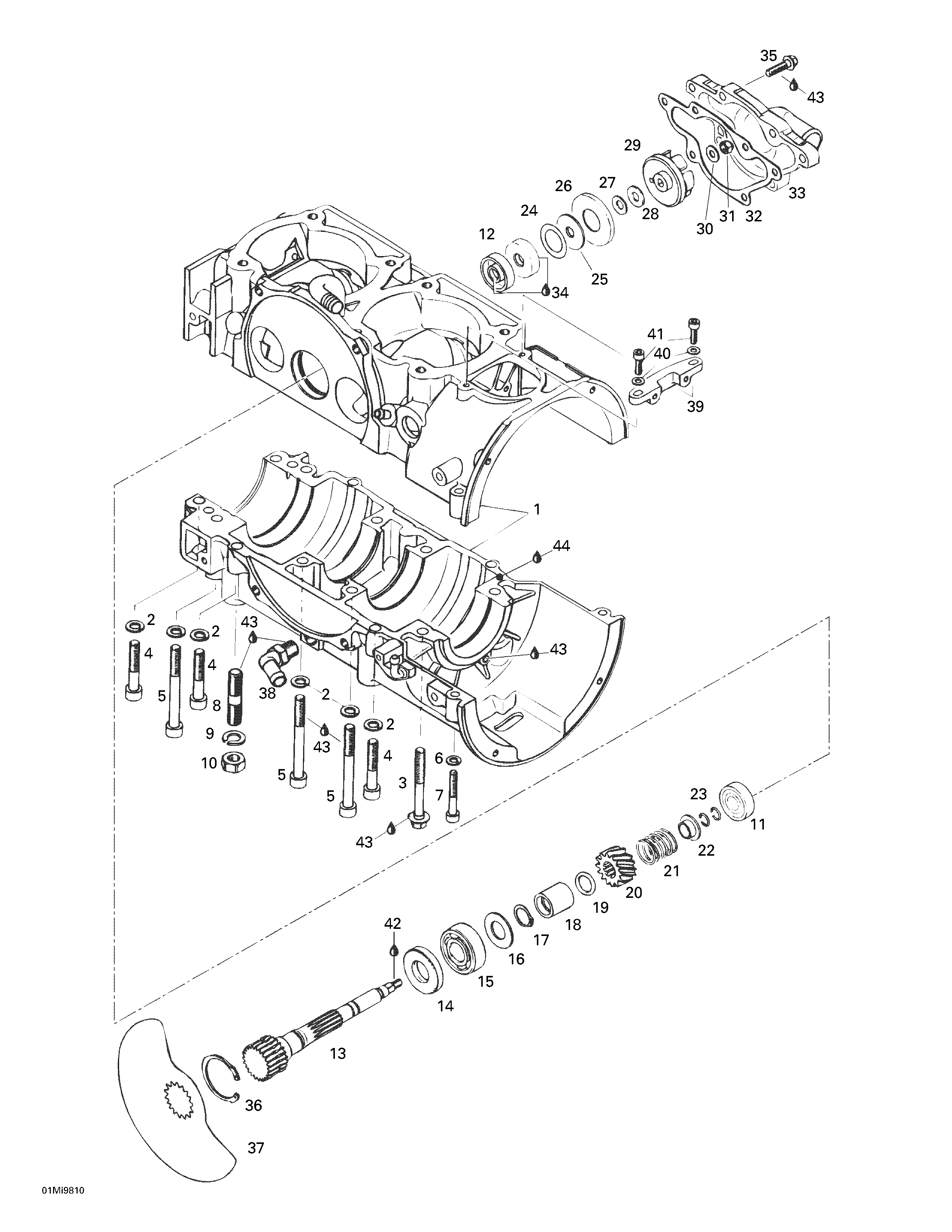 Crankcase, rotary valve, water pump