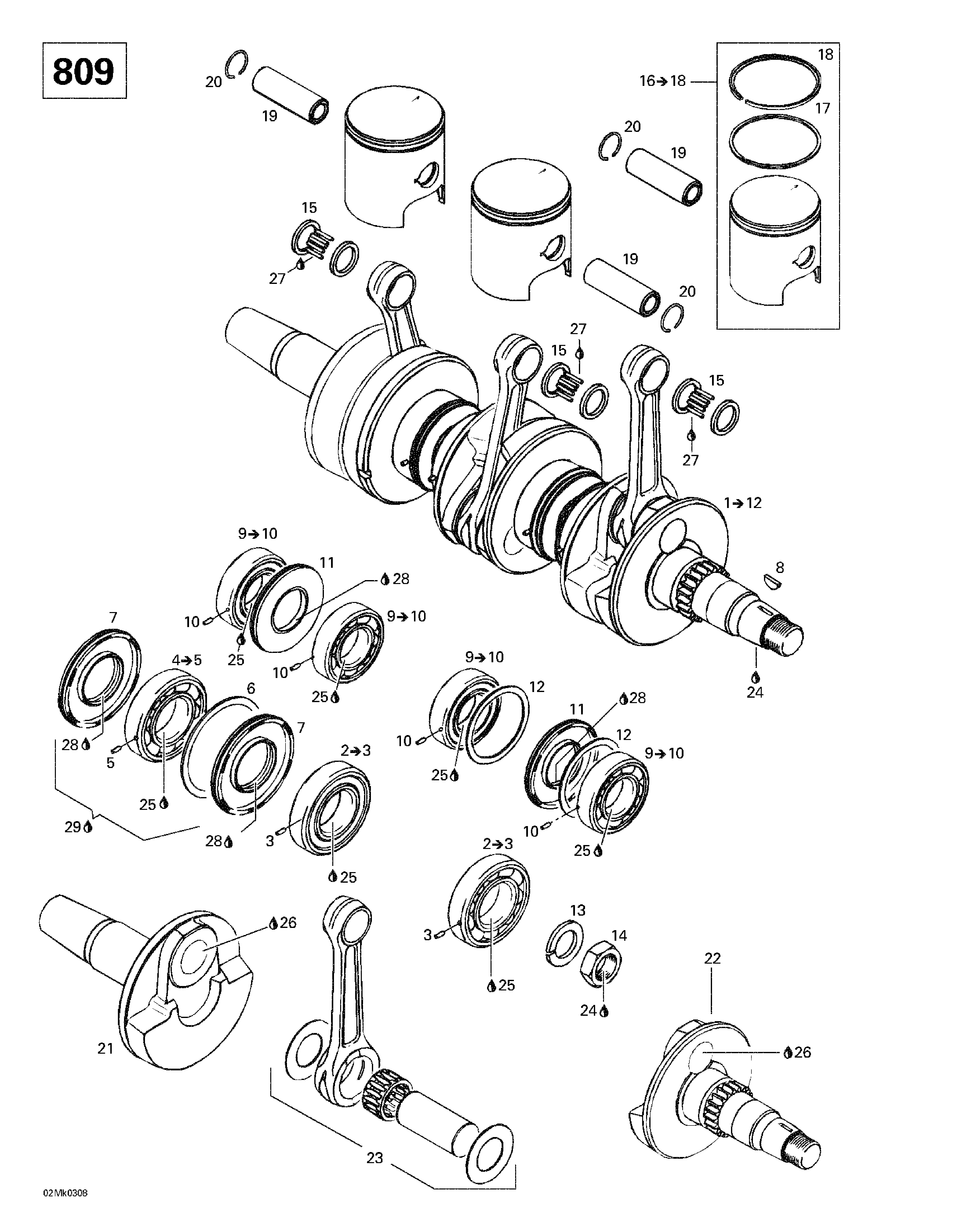 Crankshaft and pistons