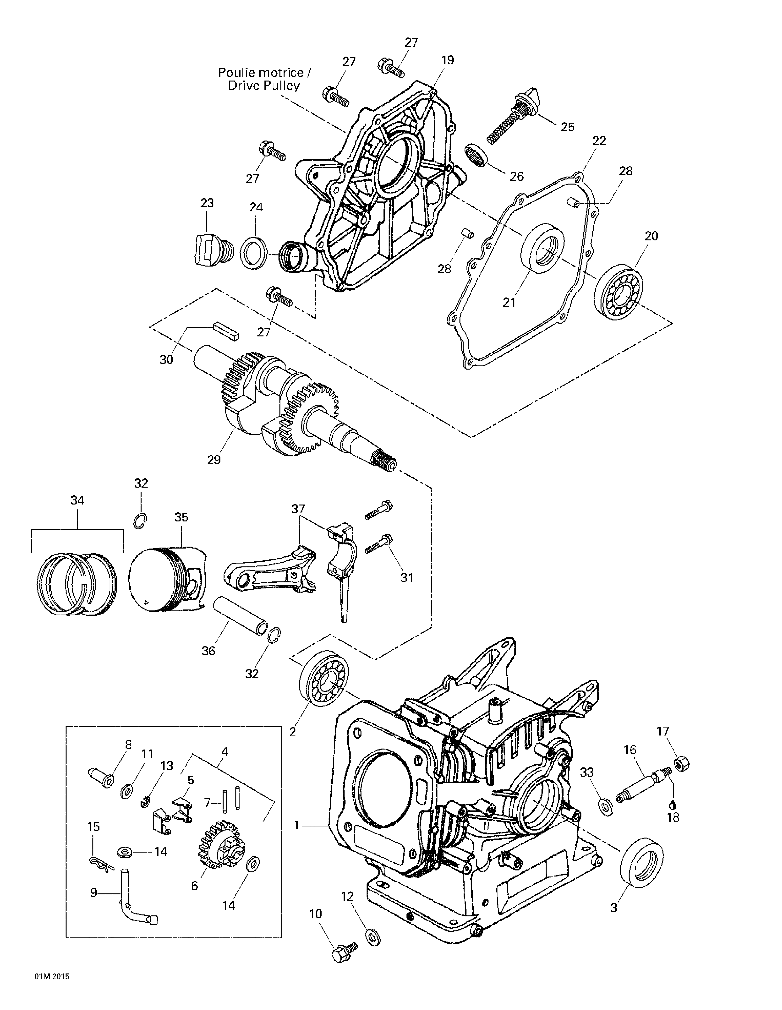 Crankcase, barrel, crankshaft, piston