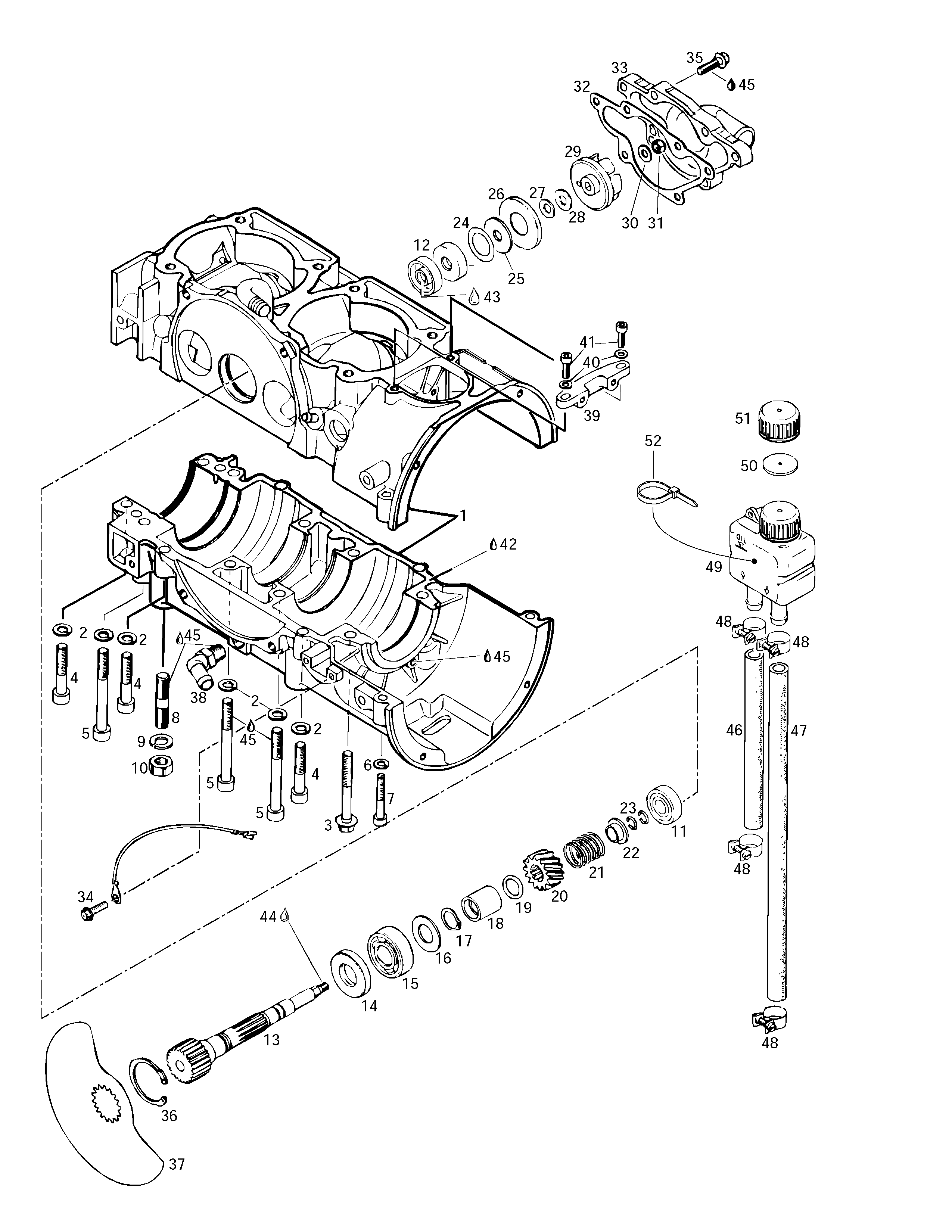 Crankcase, rotary valve, water pump