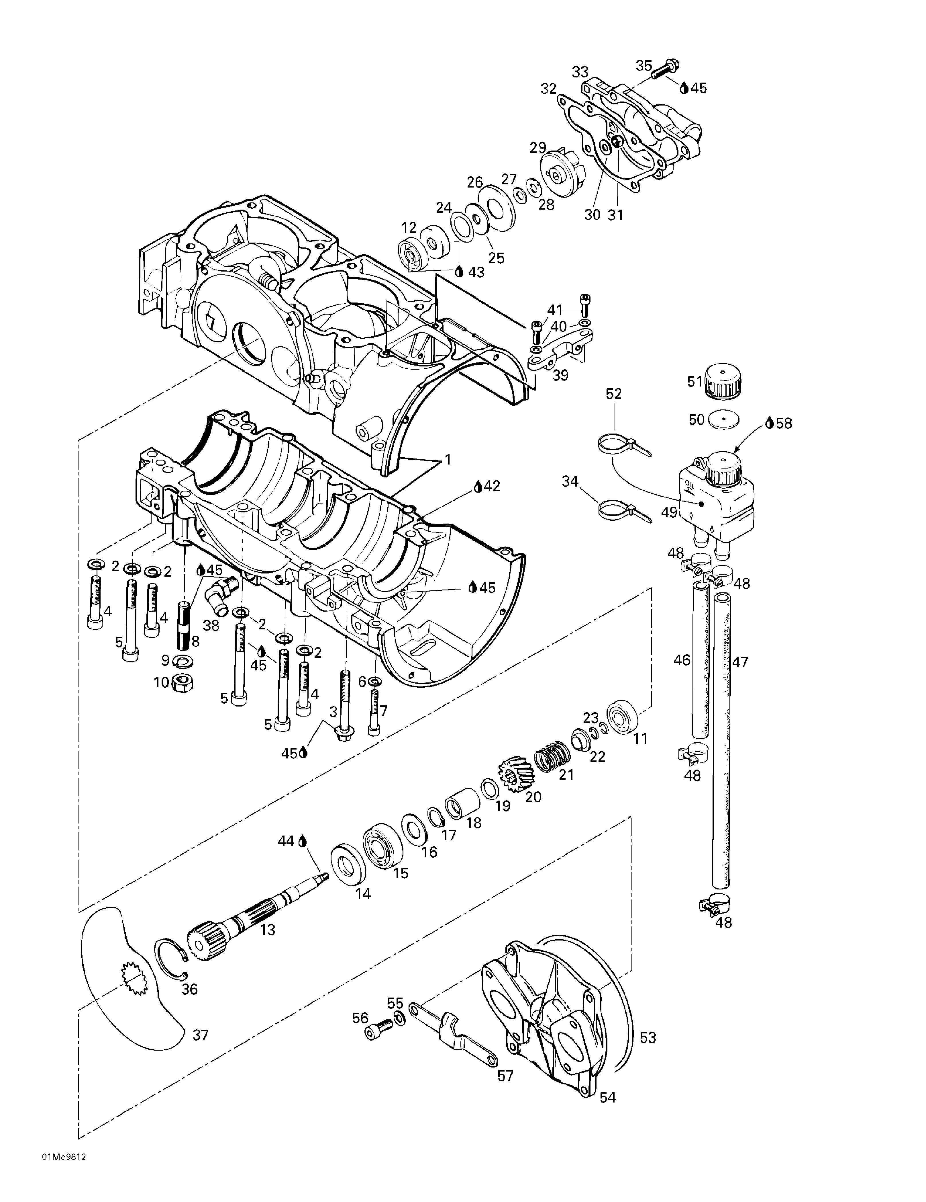 Crankcase, rotary valve, water pump