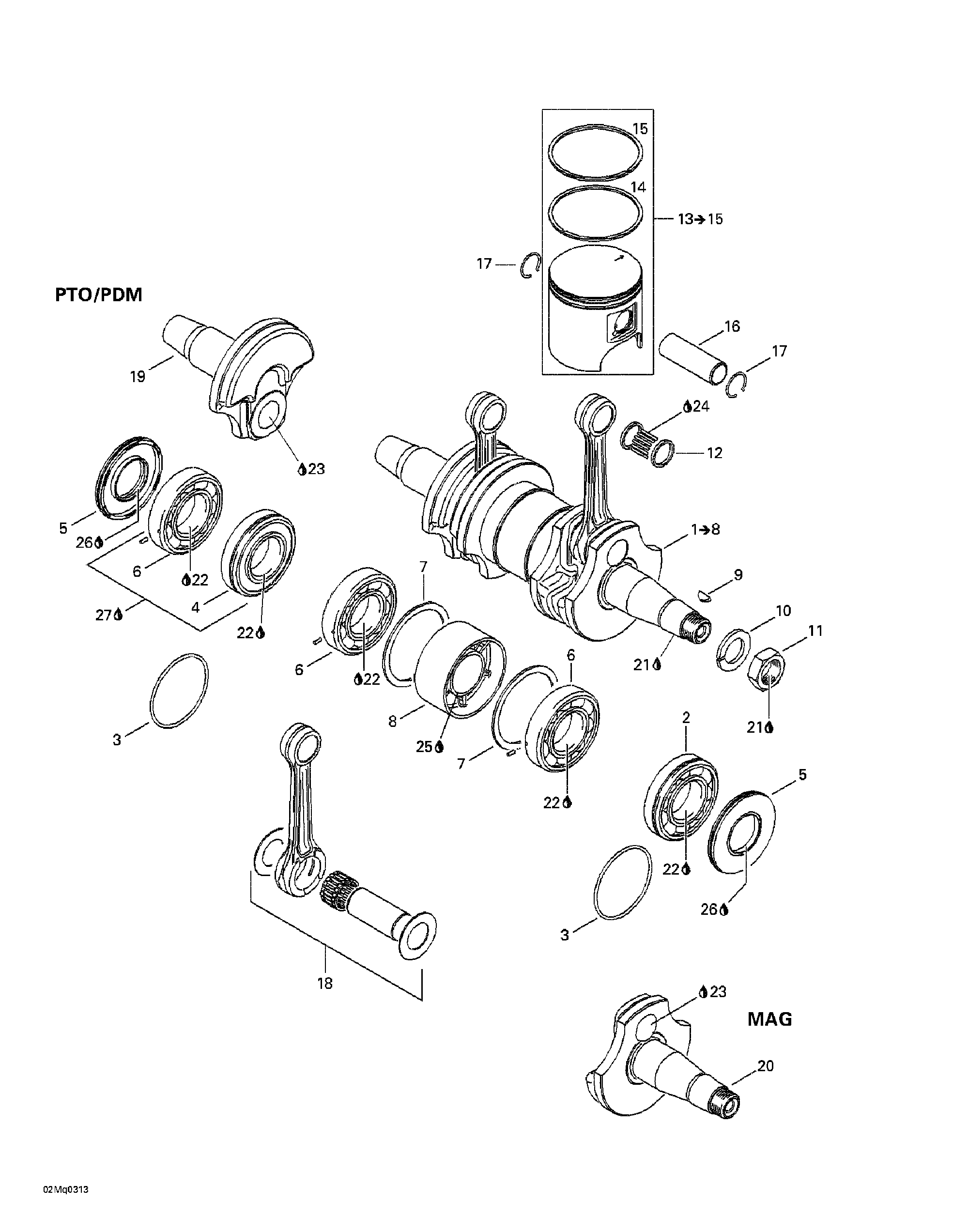 Crankshaft and pistons