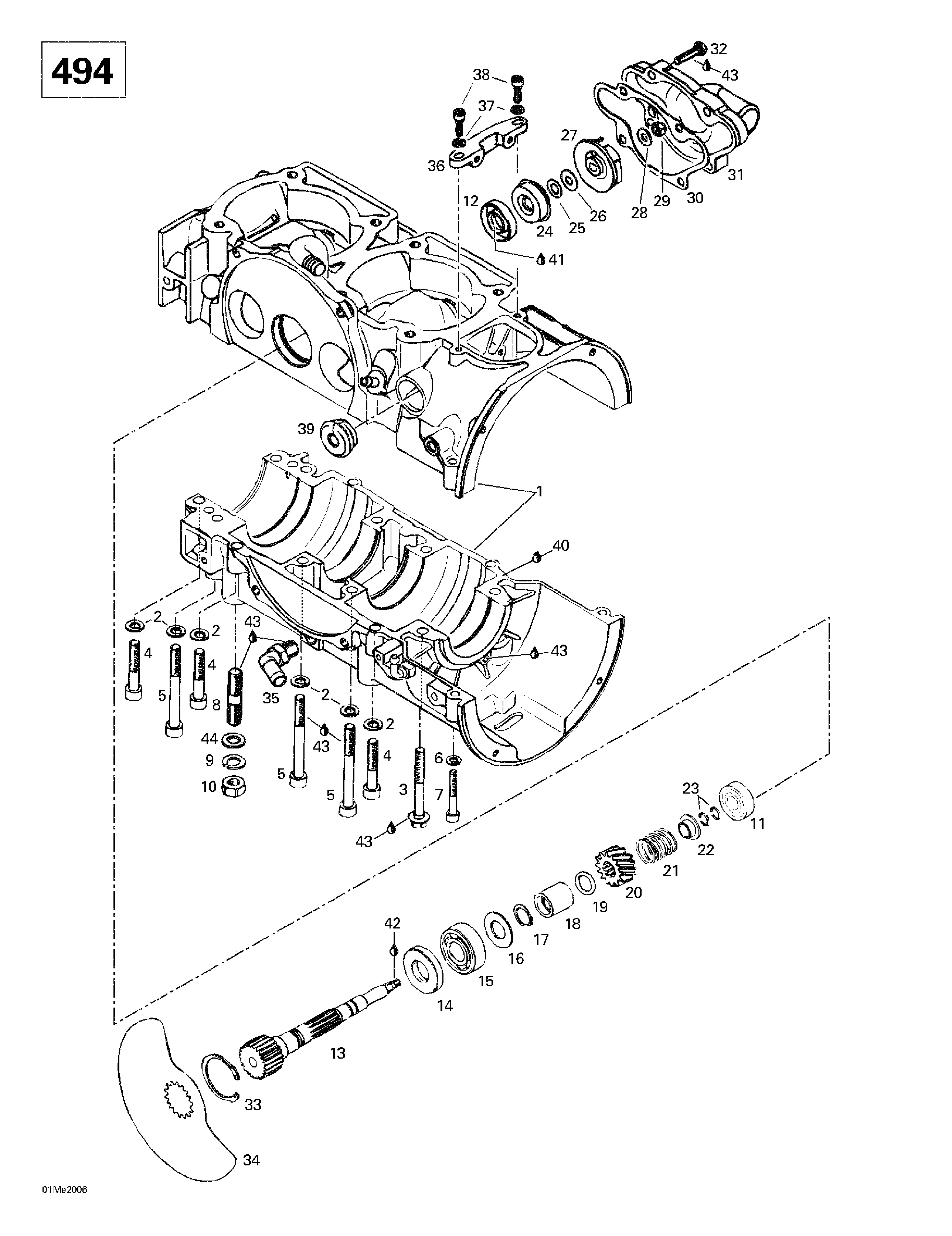 Crankcase, rotary valve, water pump