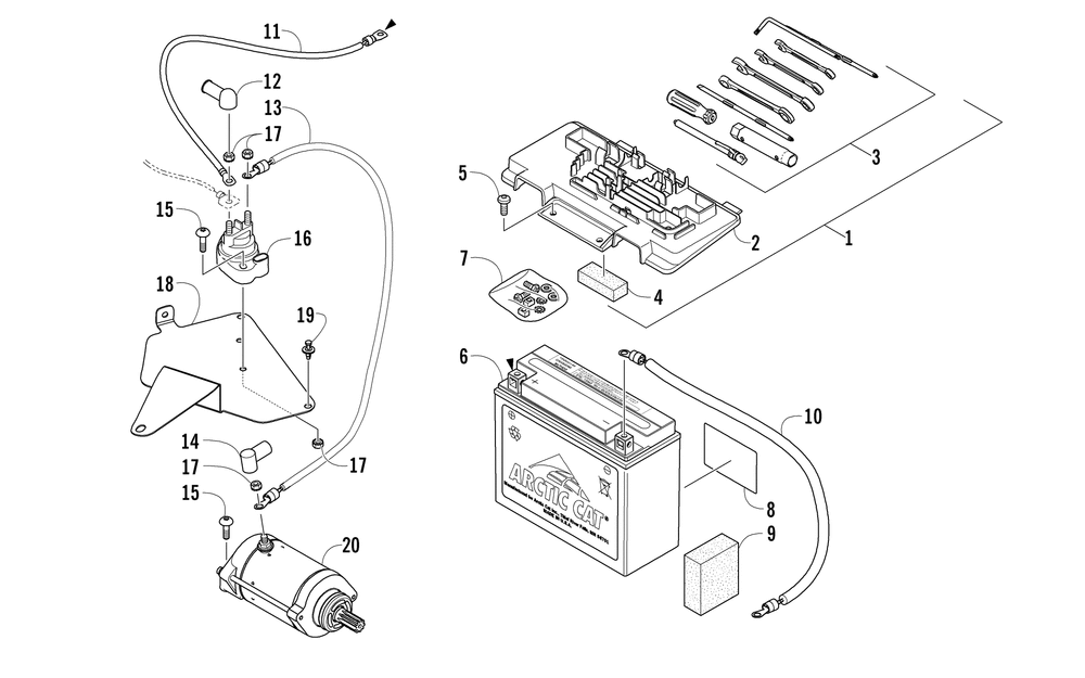 Battery and starter assembly