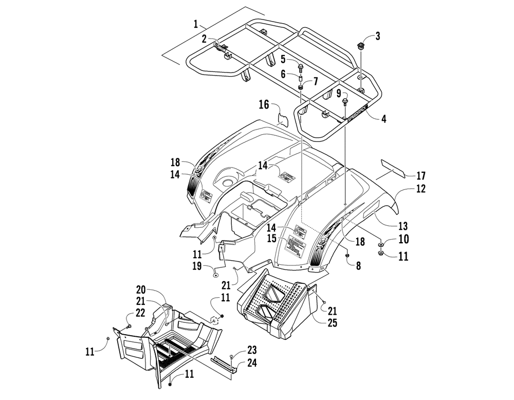 Rear rack body panel and footwell assemblies