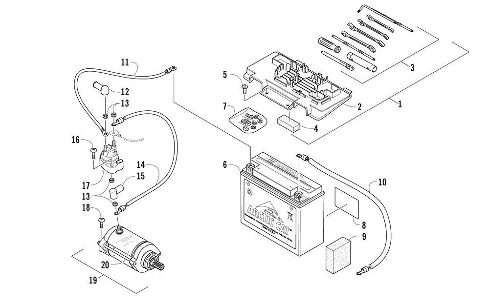 Battery and starter assembly