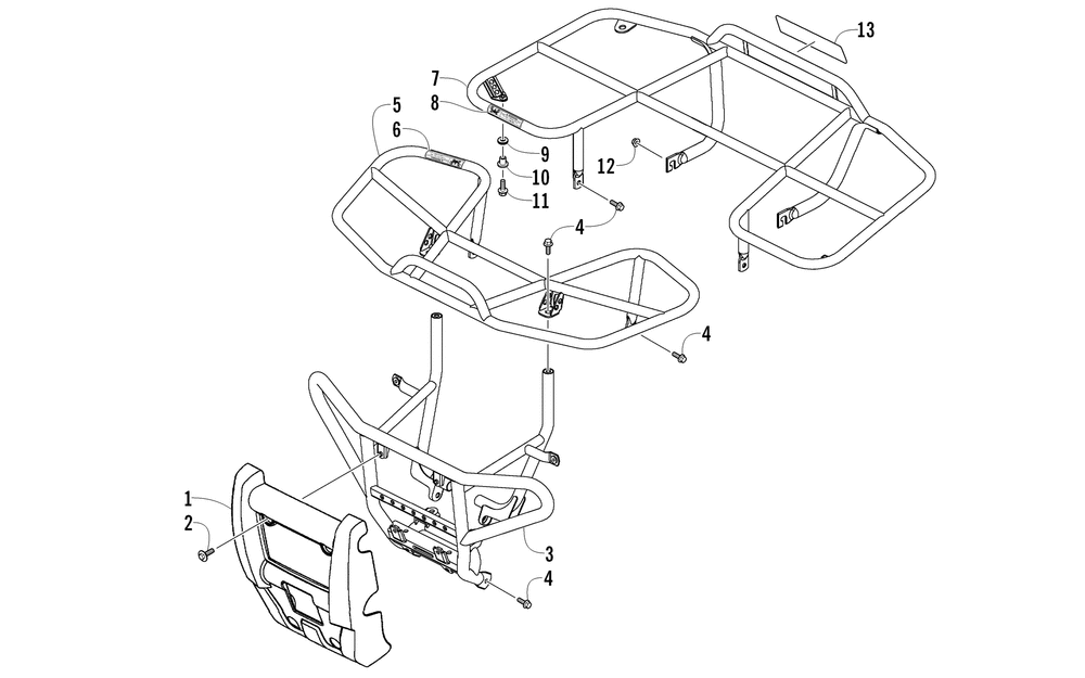 Front bumper front rack and rear rack assembly