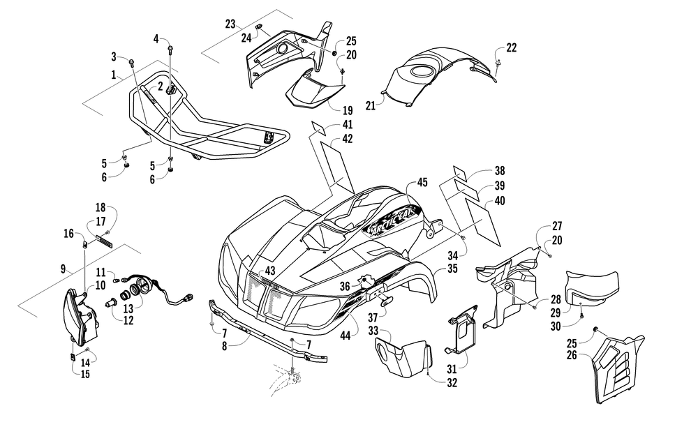 Front rack body panel and headlight assemblies