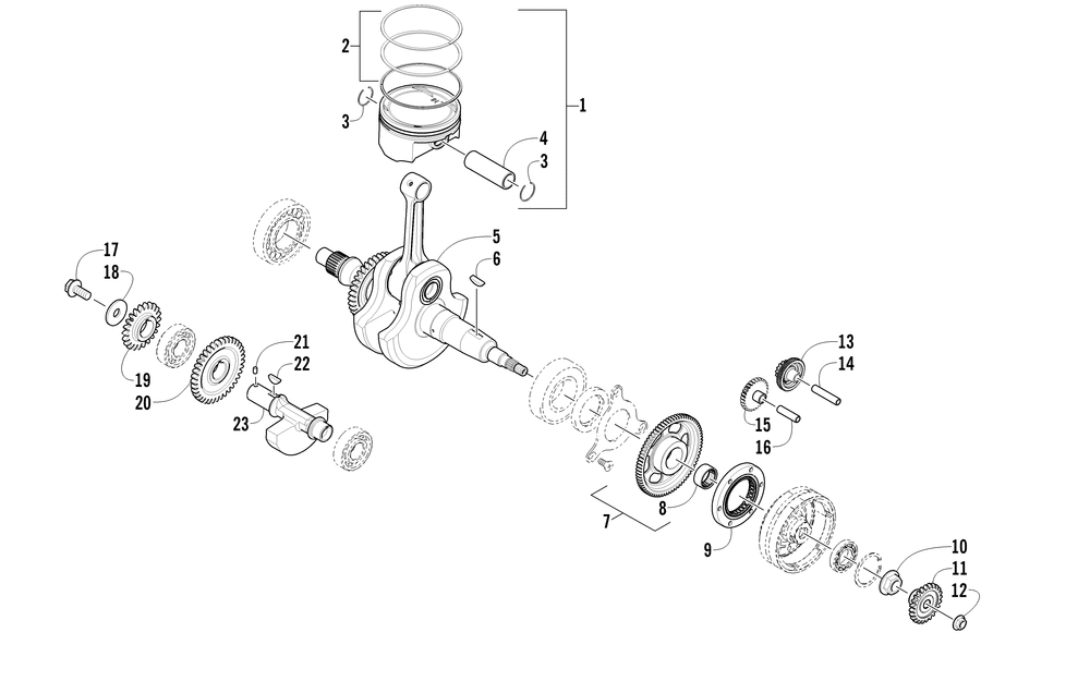 Crankshaft balancer starter gear and piston assemblies