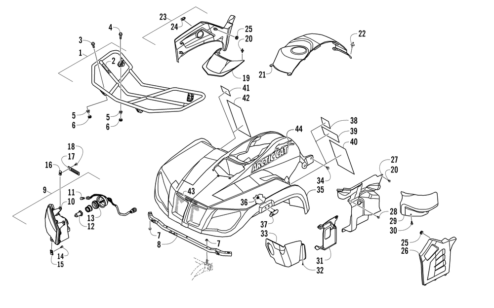 Front rack body panel and headlight assemblies