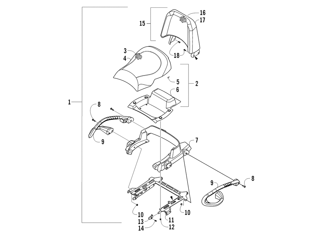 Passenger seat and backrest assembly