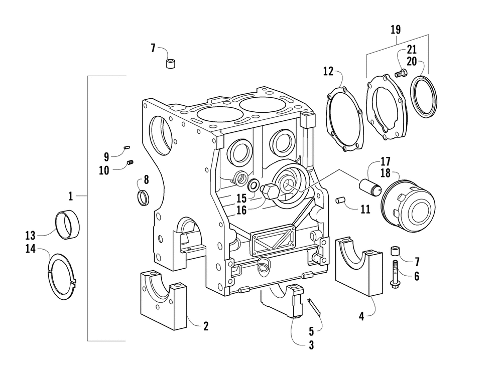 Crankcase crankshaft support and oil filter assemblies