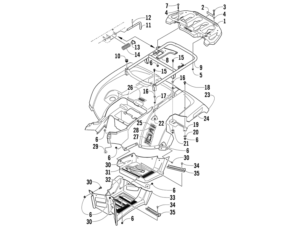 Rear rack body panel and footwell assemblies