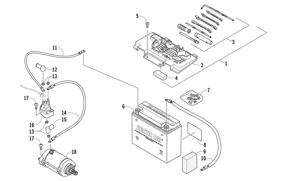 Battery and starter assembly