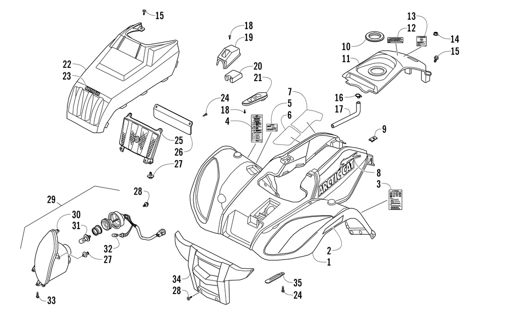 Front body panel and headlight assemblies