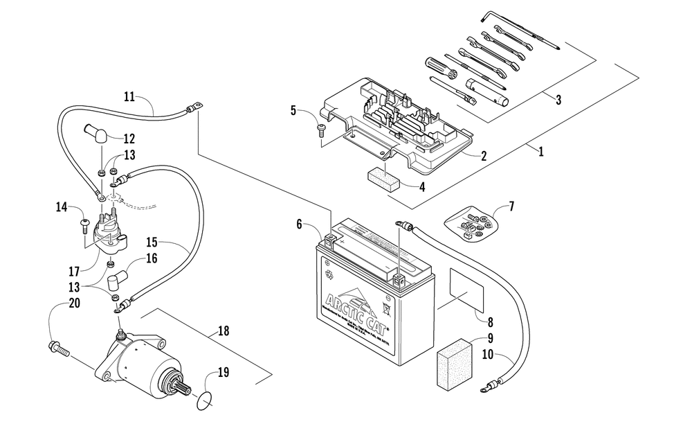 Battery and starter assembly