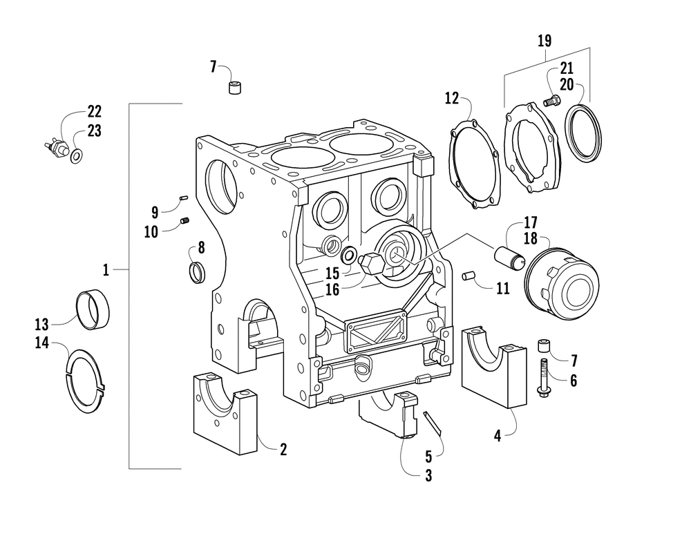 Crankcase crankshaft support and oil filter assemblies