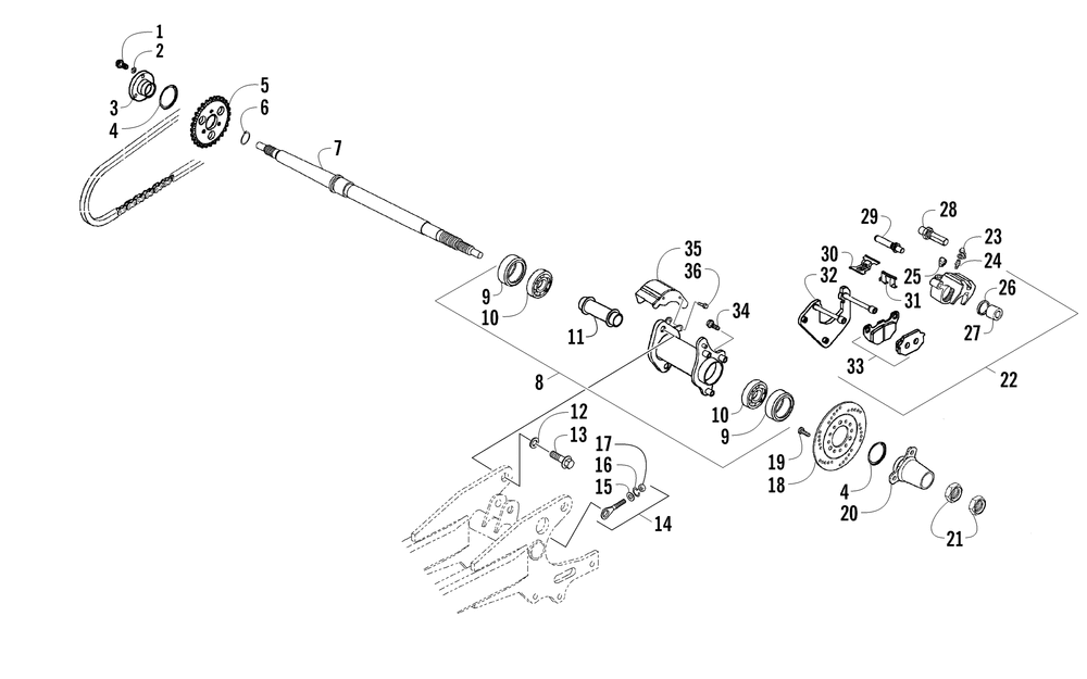 Rear axle and brake assembly