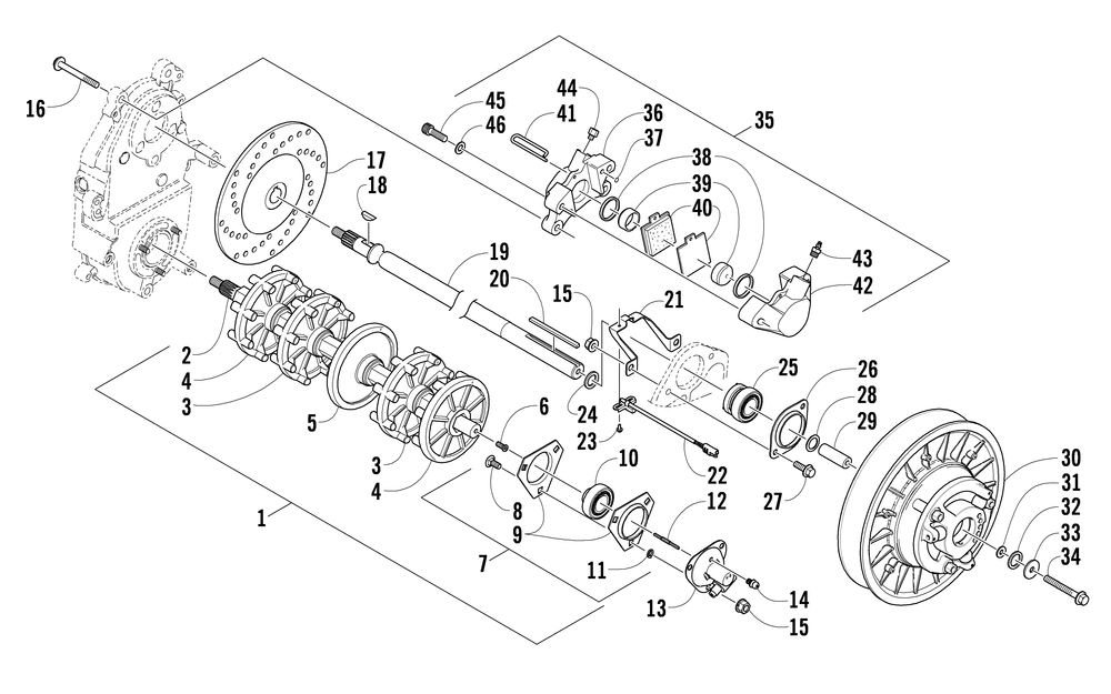 Drive train shafts and brake assemblies