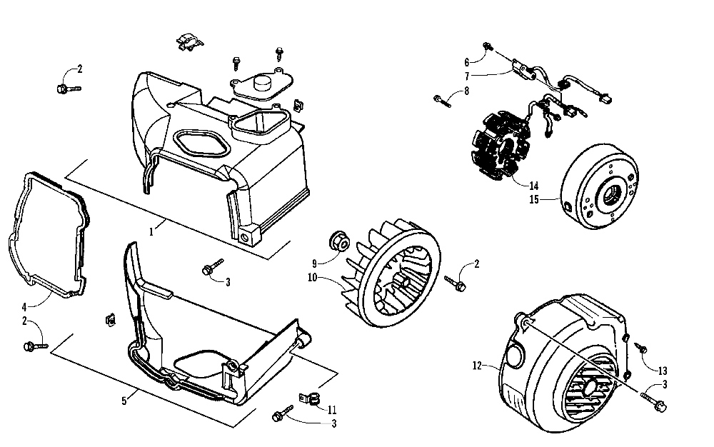 Stator flywheel and engine shroud assemblies