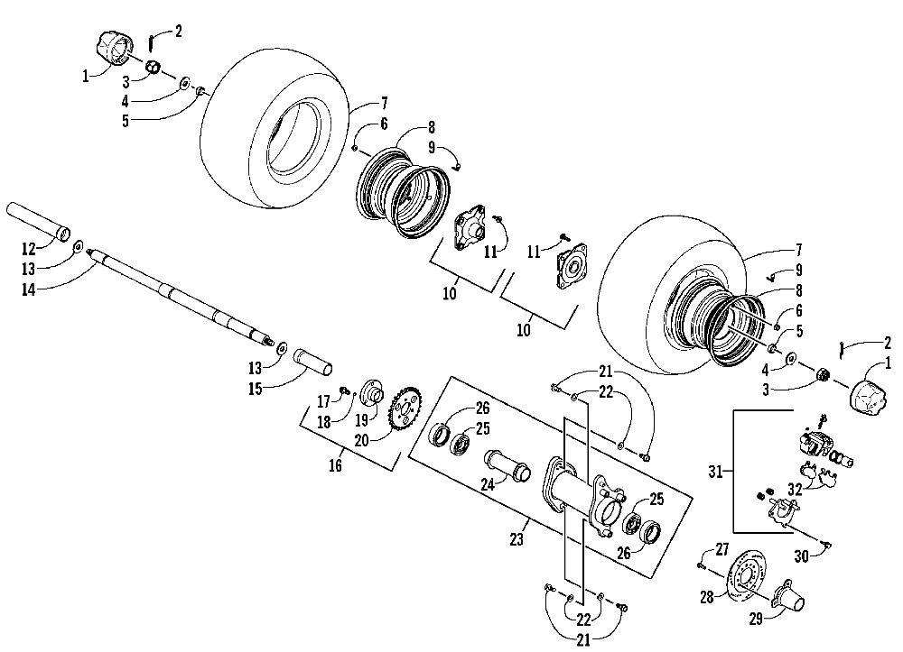 Rear wheel axle and brake assemblies