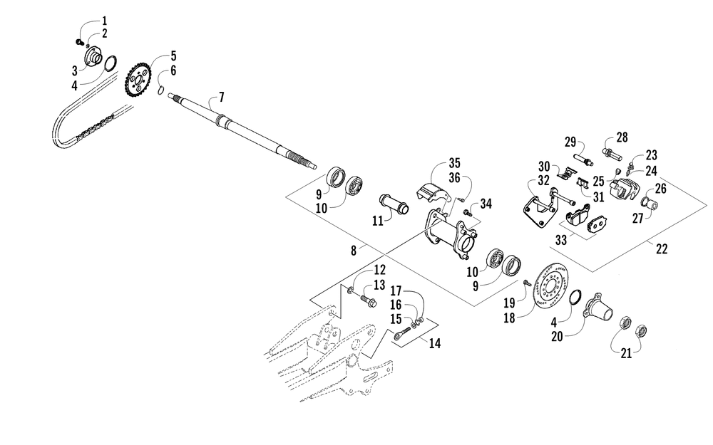 Rear axle and brake assembly