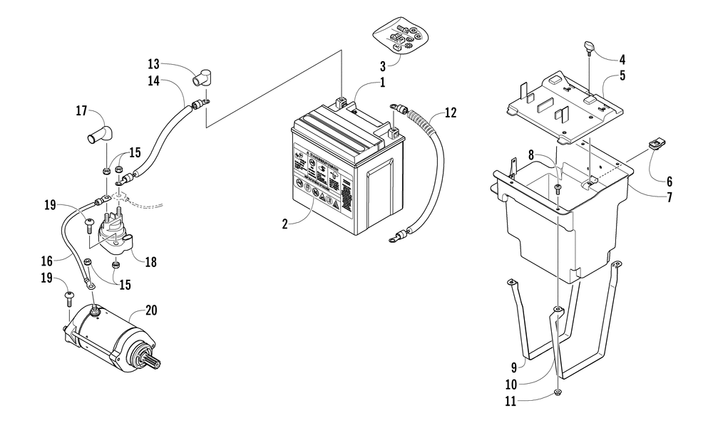 Battery and starter motor assembly