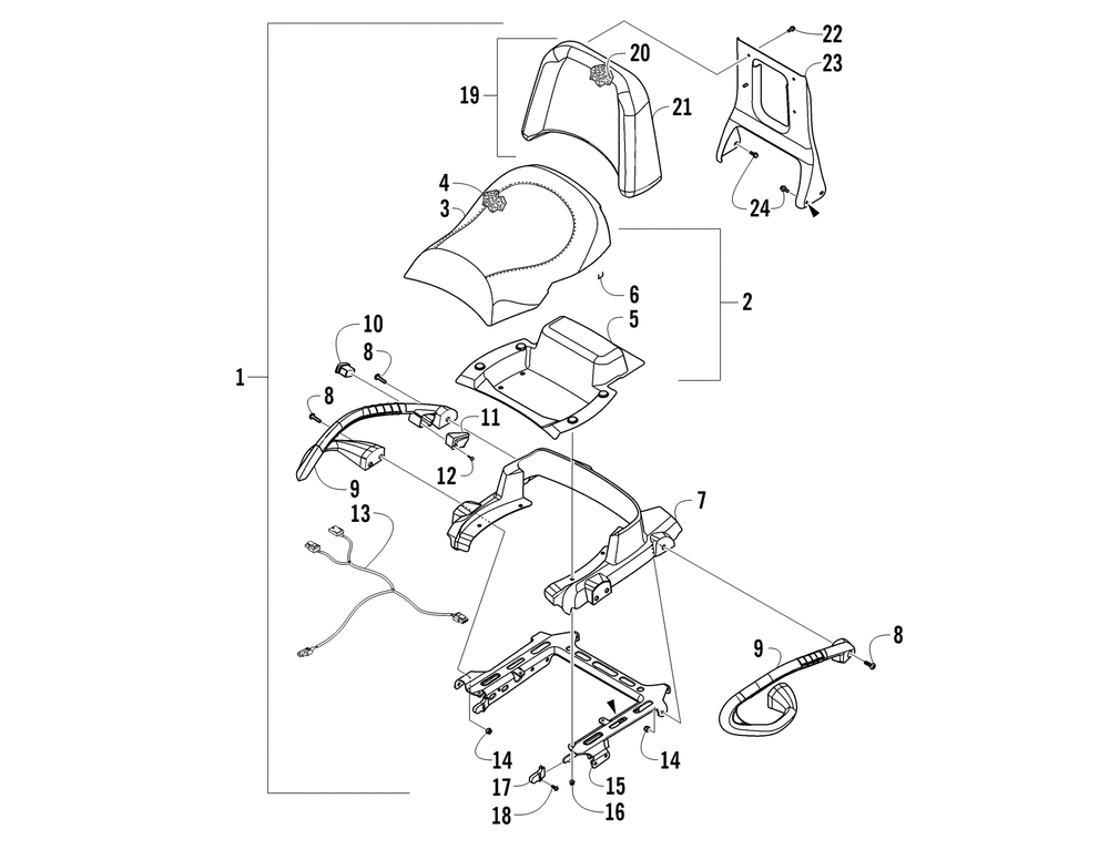 Passenger seat and backrest assembly