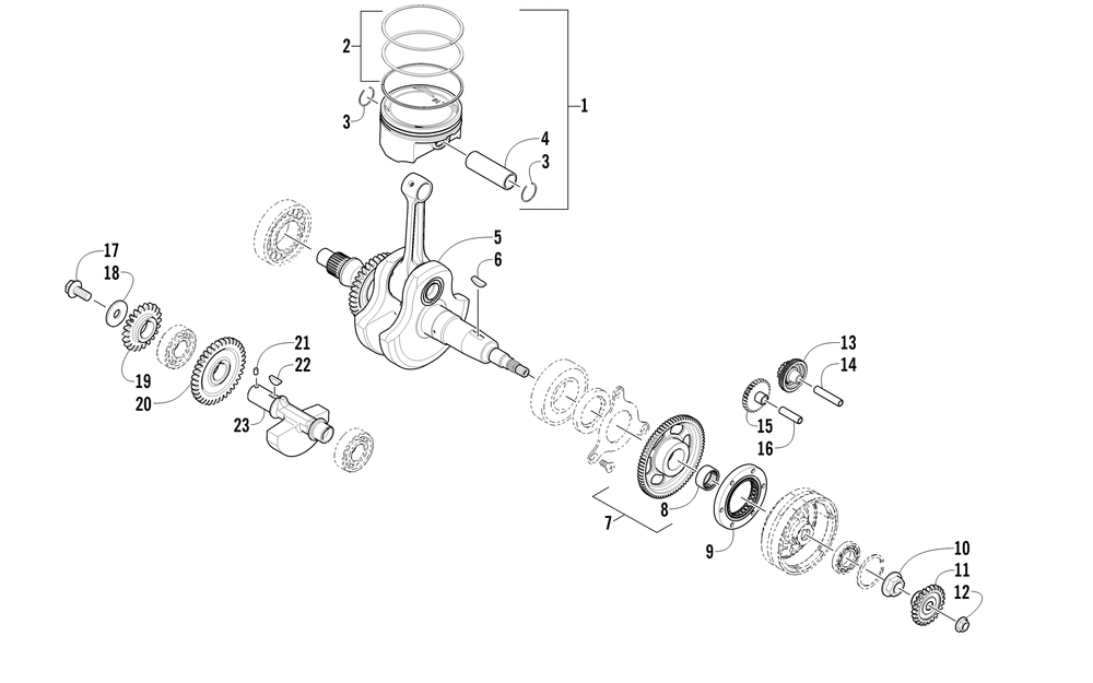 Crankshaft balancer starter gear and piston assemblies