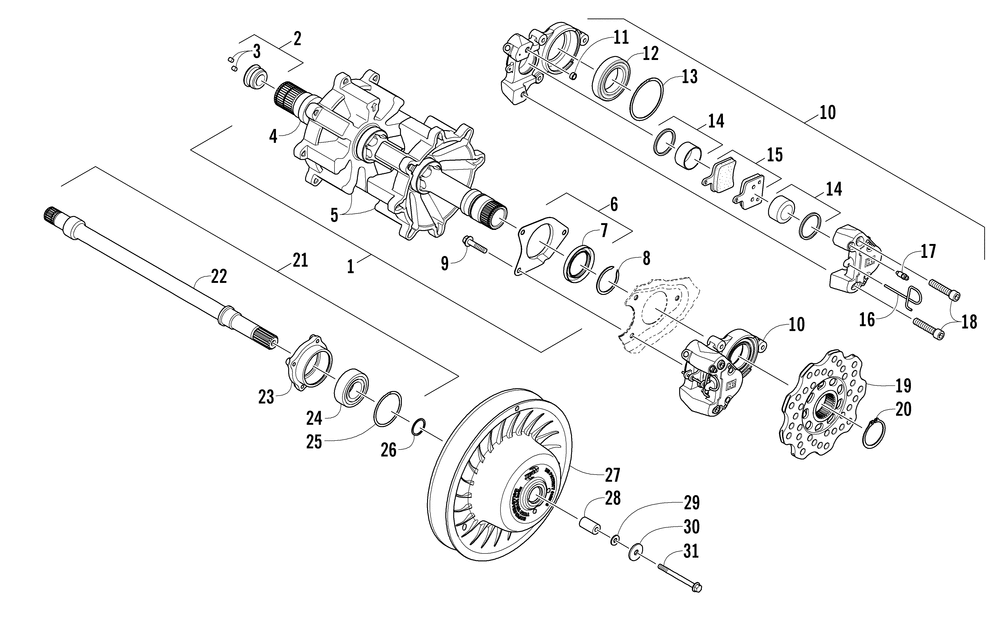 Drive train shafts and brake assemblies