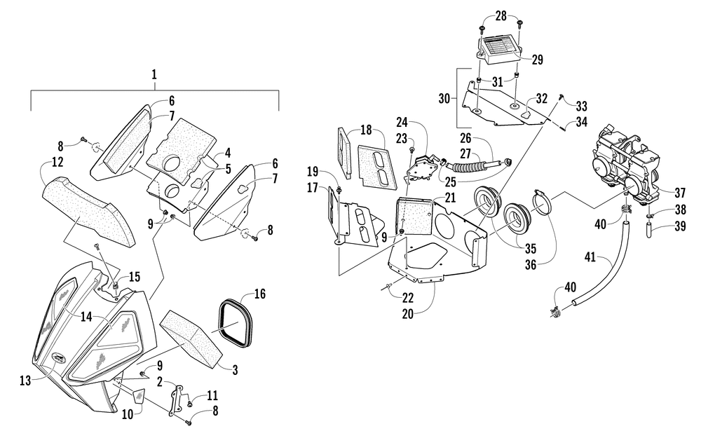Air silencer carburetor and fuel pump assembly