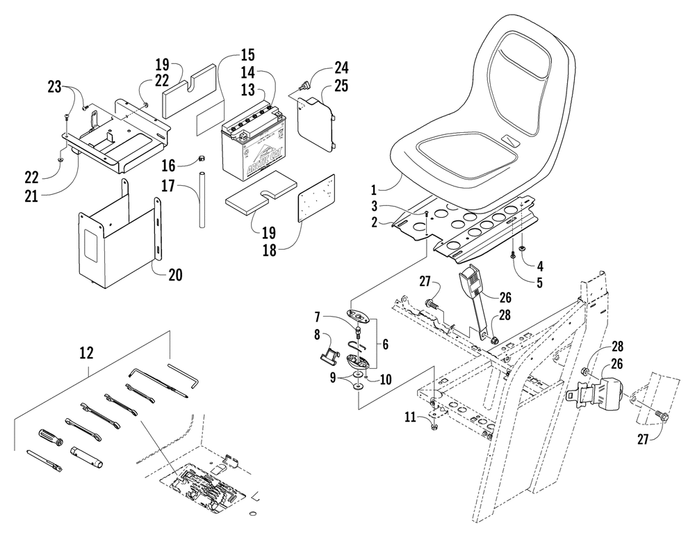 Seat battery and tool kit assembly