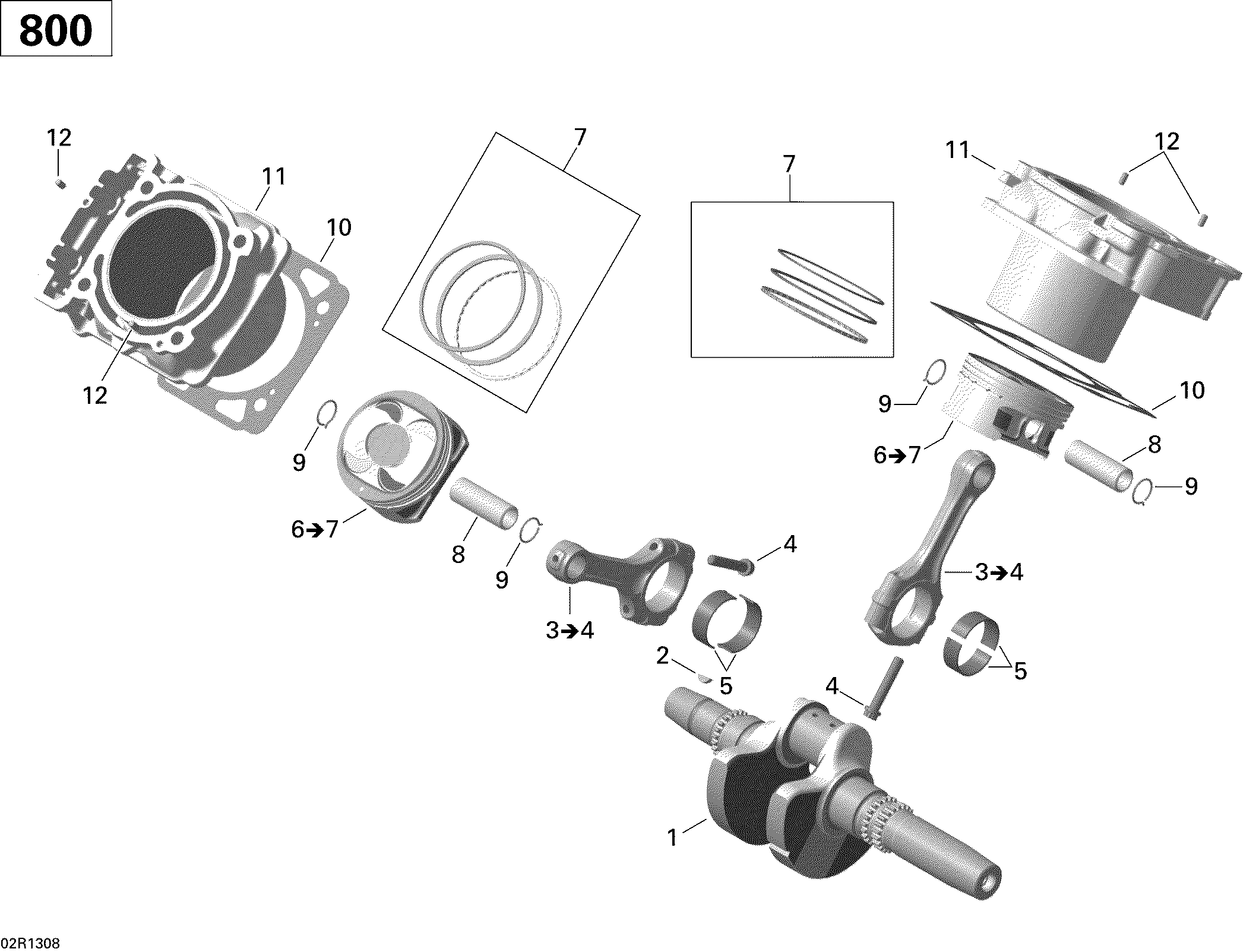 Crankshaft, piston and cylinder