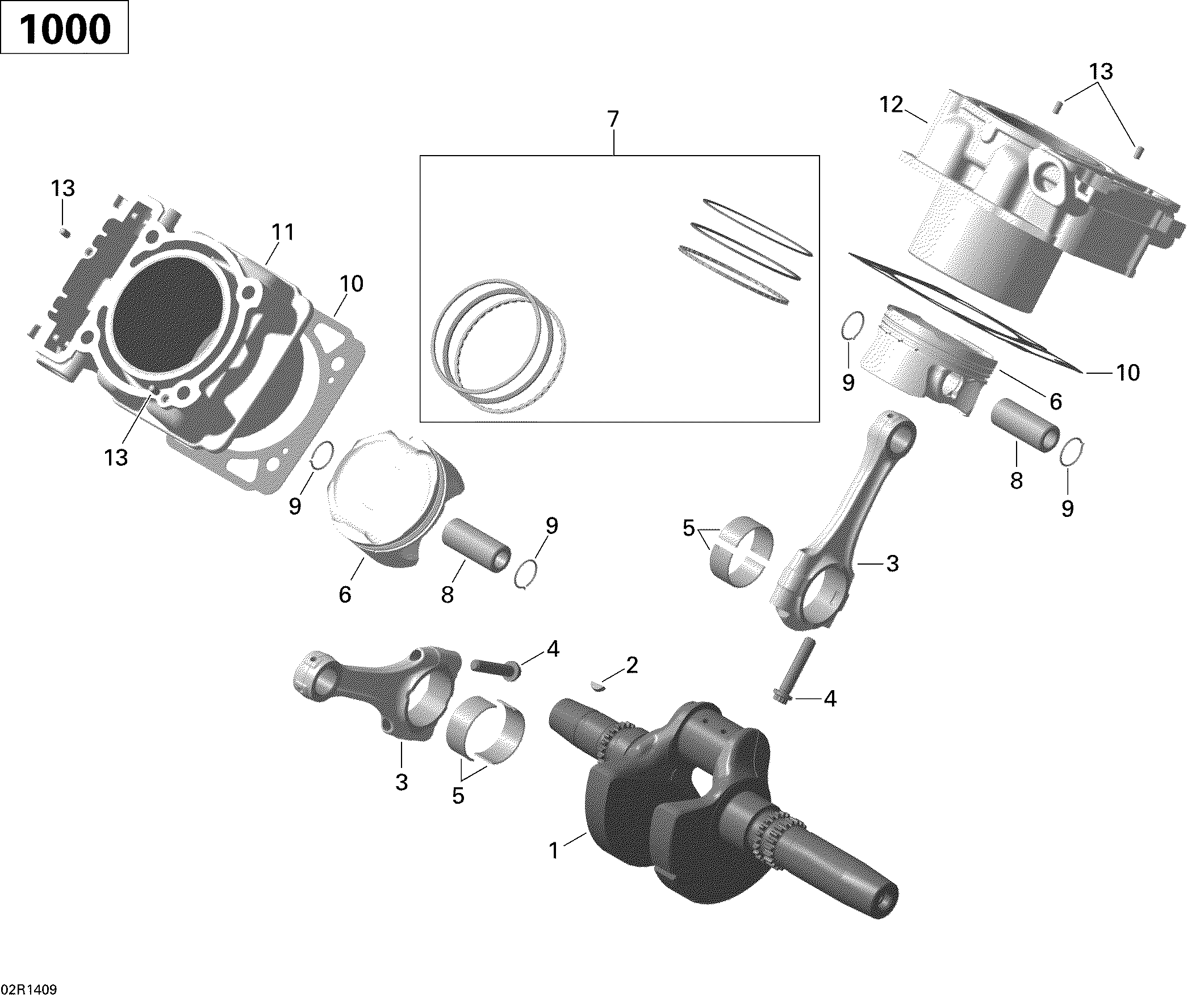 Crankshaft, piston and cylinder