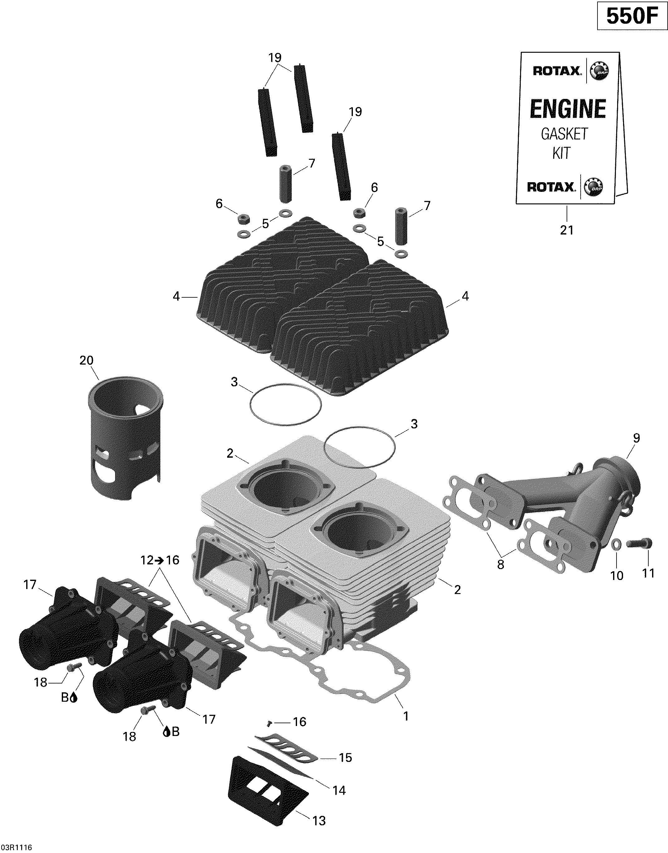 Cylinder, exhaust manifold and reed valve