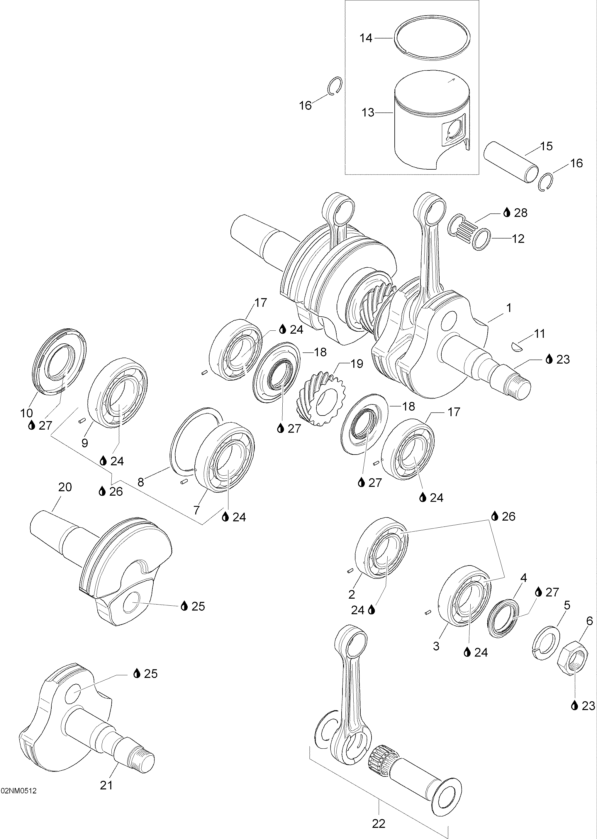 Crankshaft and pistons