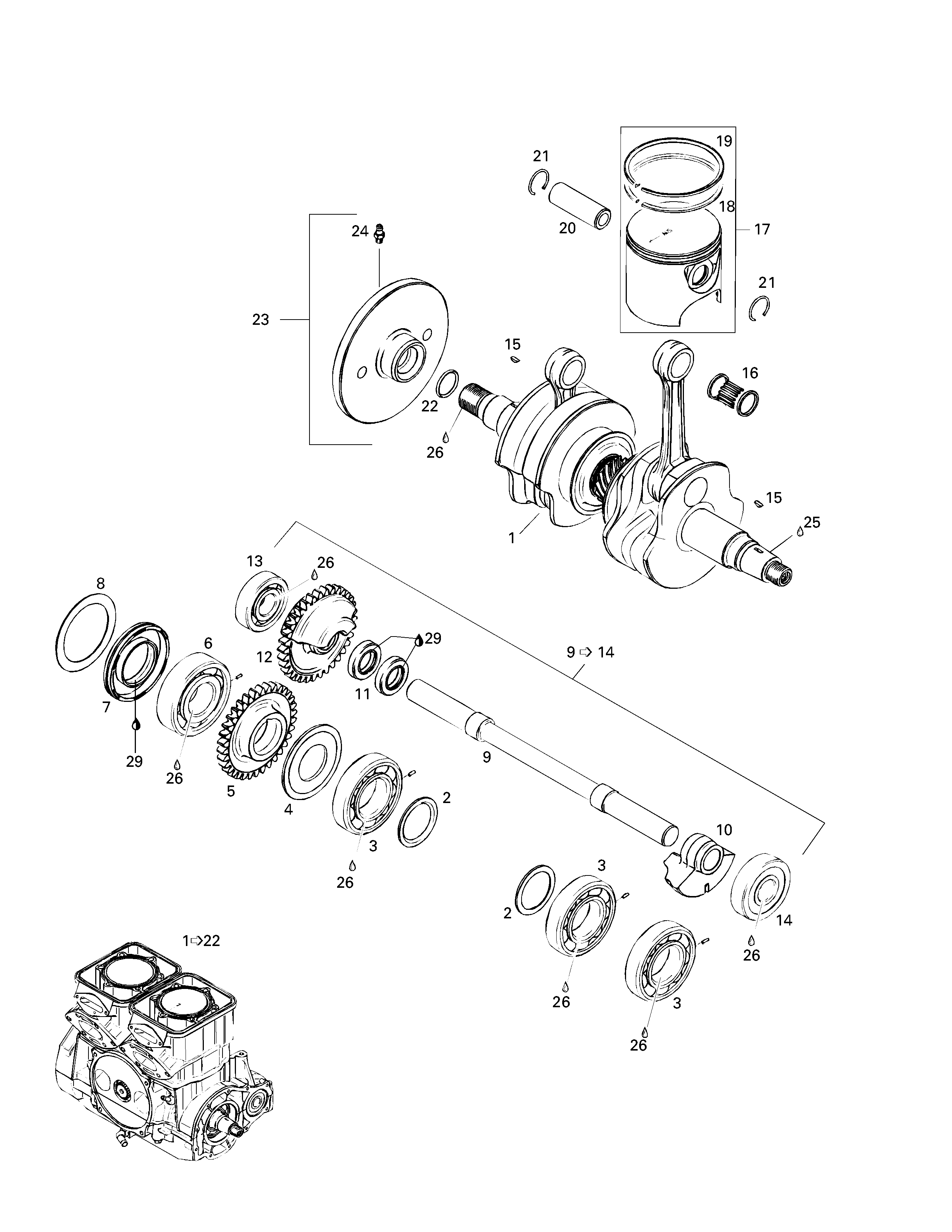 Crankshaft and pistons