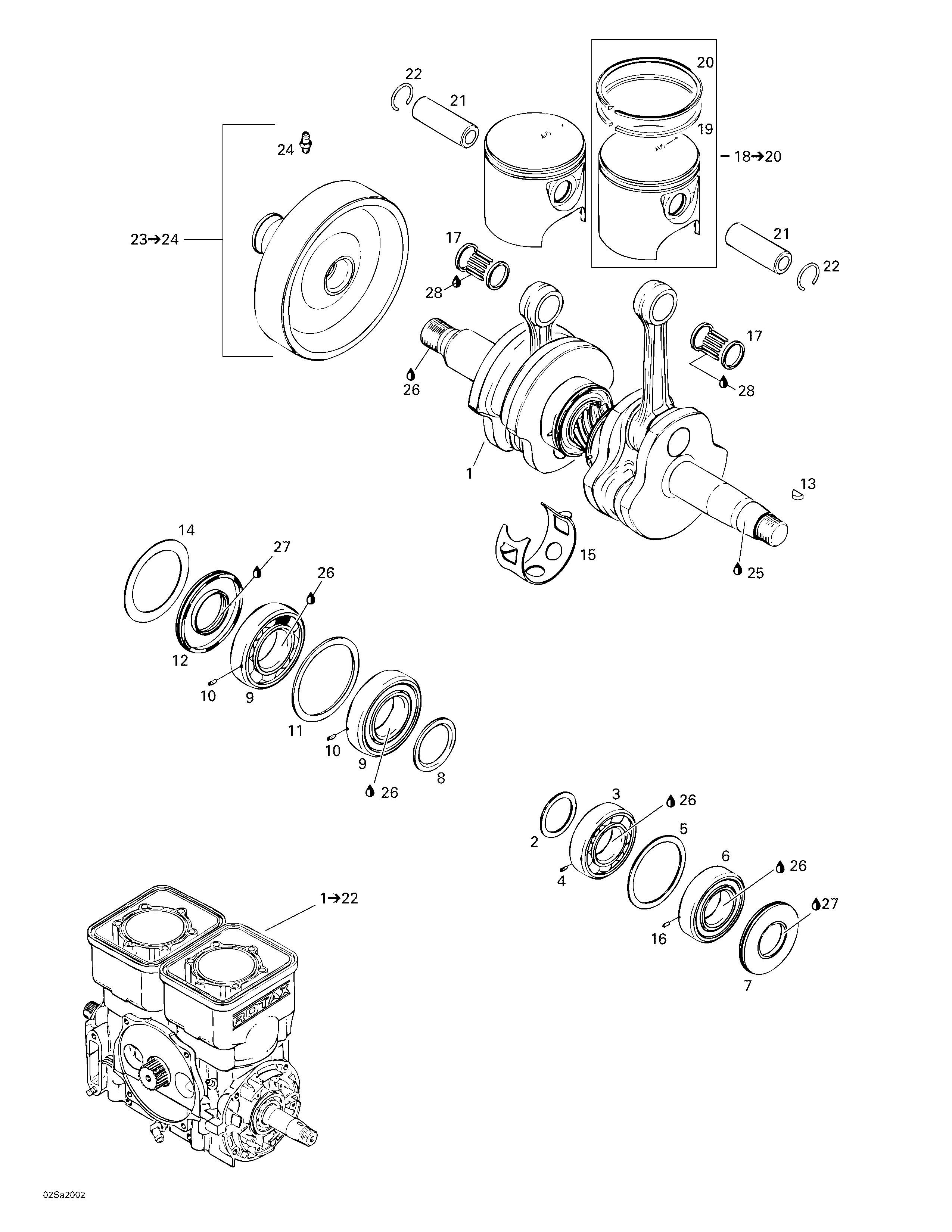 Crankshaft and pistons