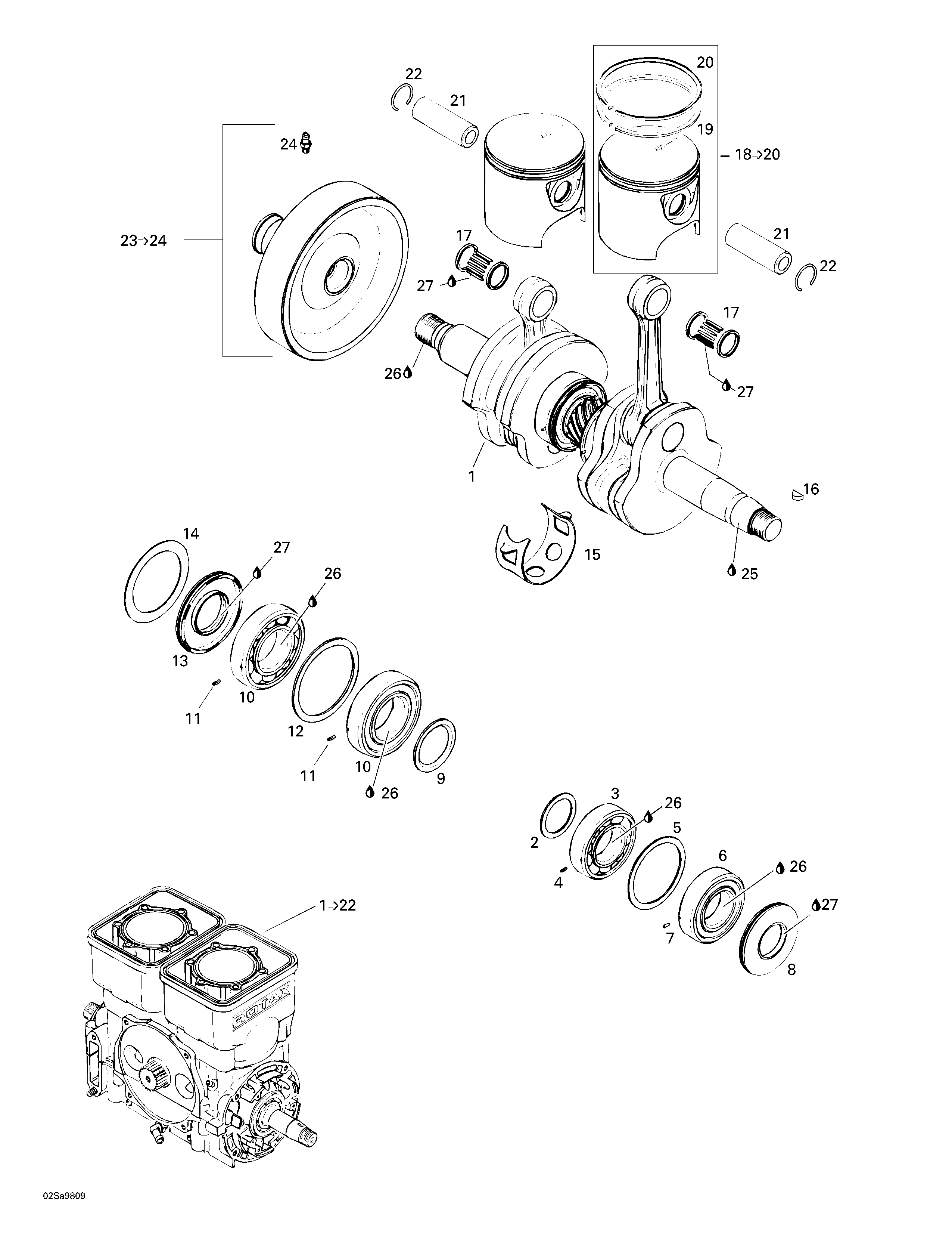 Crankshaft and pistons