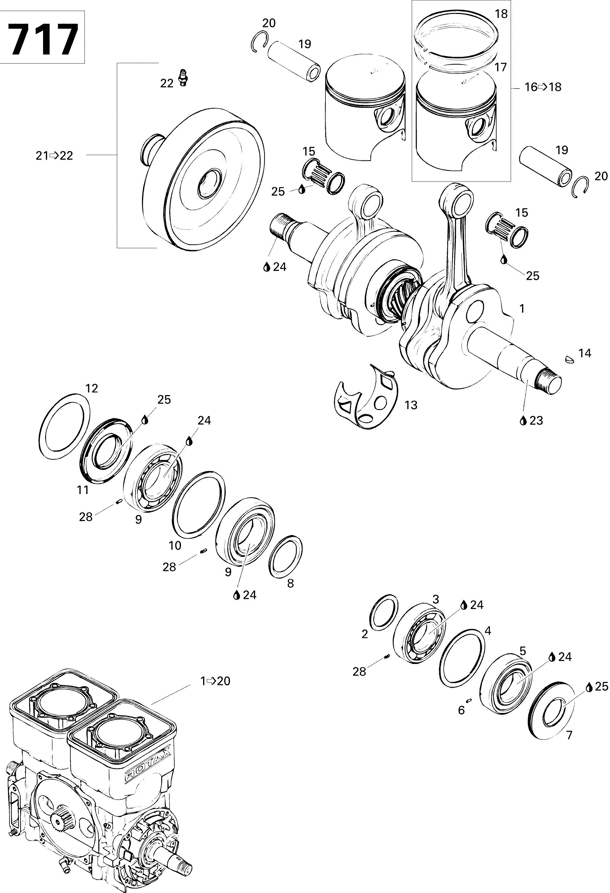 Crankshaft and pistons 717