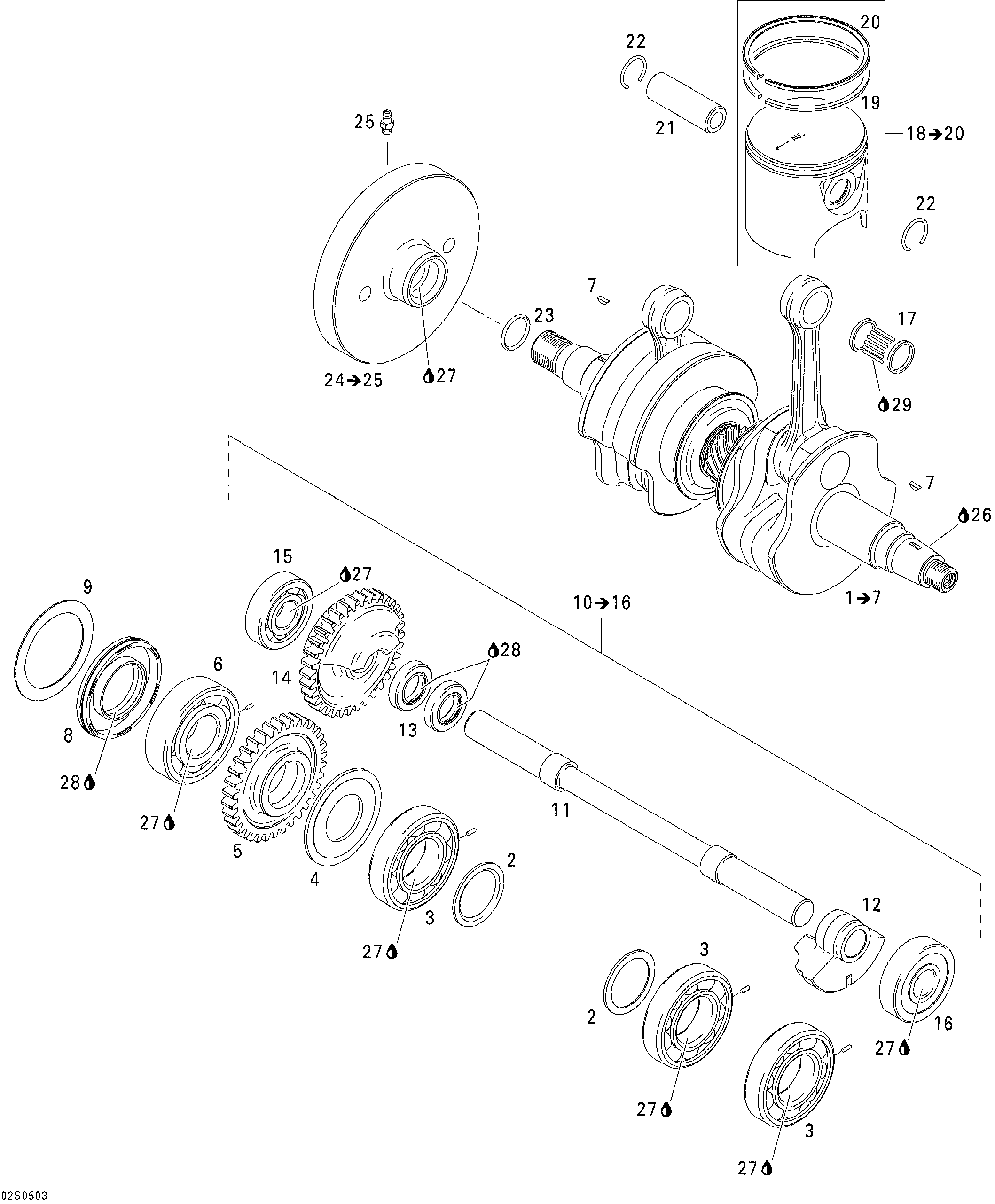 Crankshaft, pistons and balance shaft