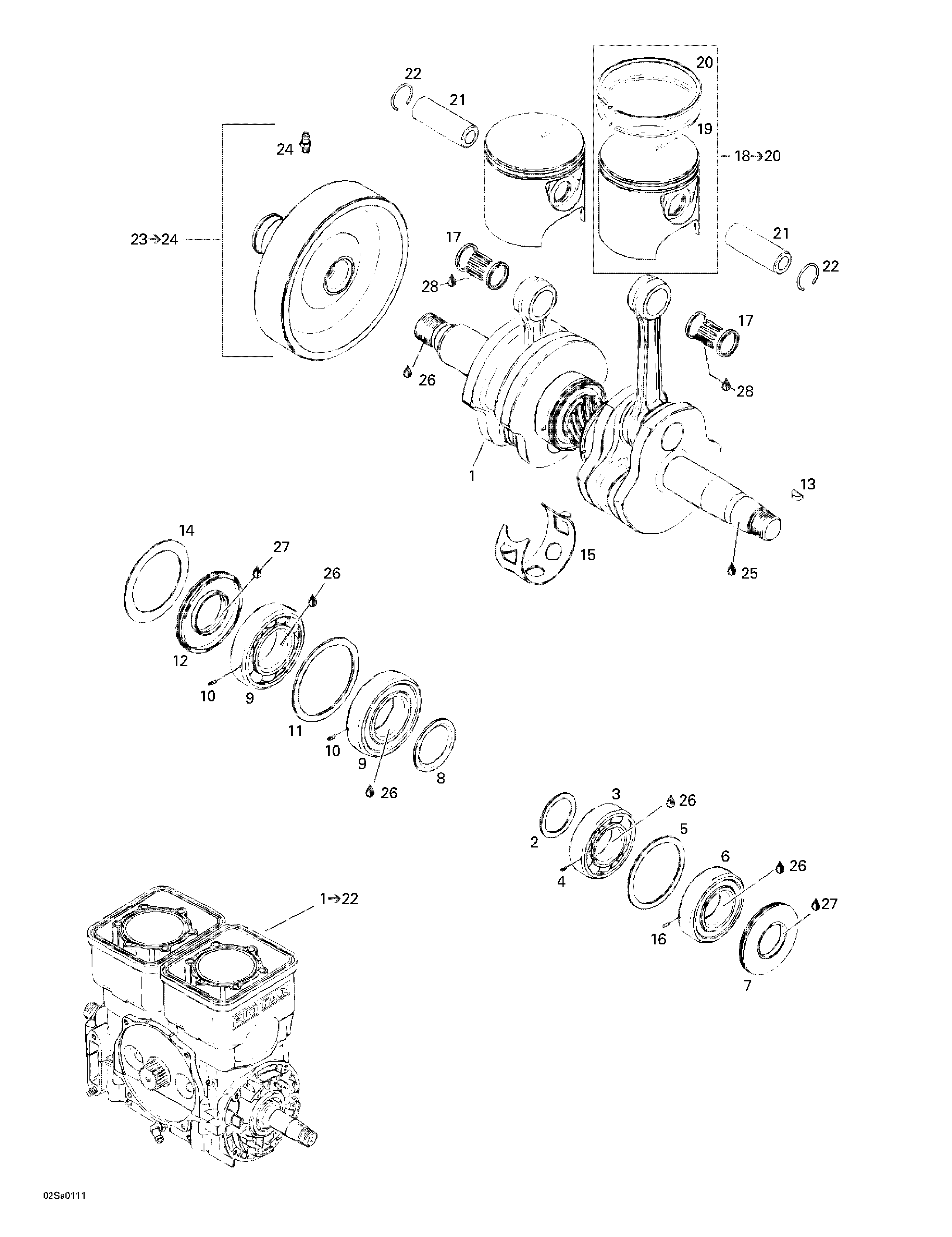 Crankshaft and pistons